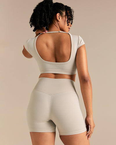 Motion Seamless Open Back Short Sleeve Crop Top | Stone