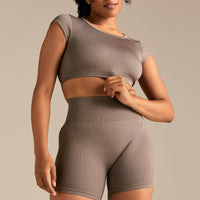 Motion Seamless Open Back Short Sleeve Crop Top | Taupe Grey