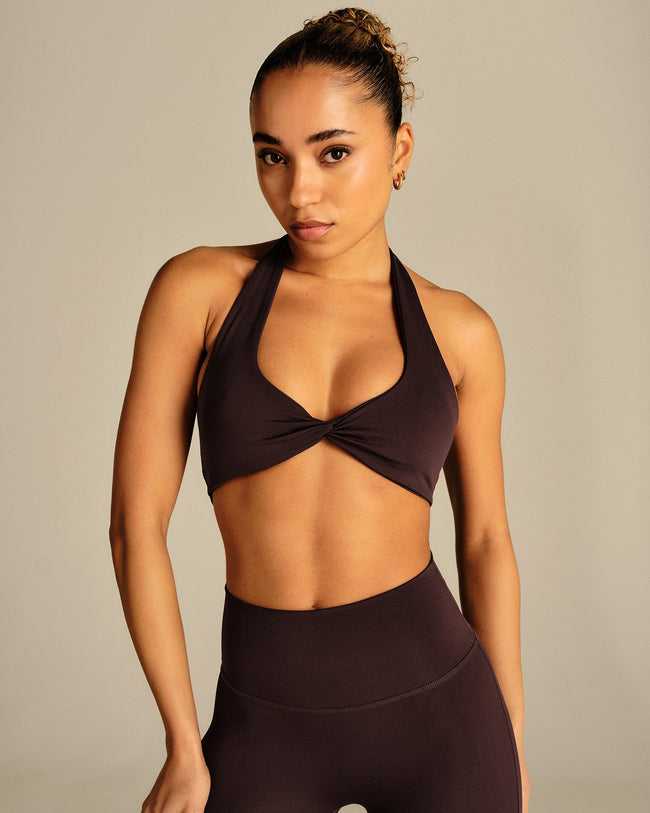 Essential Twist Front Halter Bra | Cafe Noir