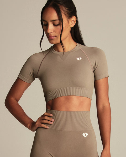 Power Short Sleeve Crop Top - Taupe Grey | Women's Best