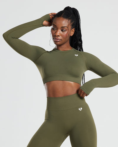 Power Seamless Long Sleeve Crop Top Khaki Women s Best