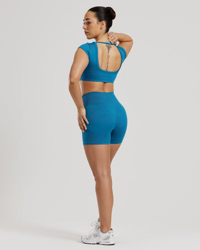Women's Basic Scoop Neck Crop Top - Cotton Short Sleeve Stretchy T-Shirt (Ashblue, Medium)