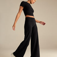 Cotton Contour Fold Over Straight Leg Pants | Black