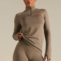 Lightweight Seamless 1/4 Zip Long Sleeve Top | Taupe Grey