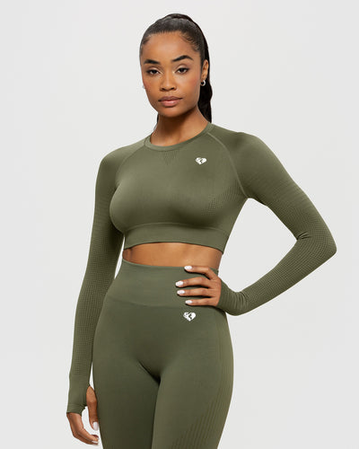 Power Seamless Long Sleeve Crop Top - Khaki